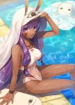  1girl animal_ears bare_legs bare_shoulders bracelet breasts dark_skin dark_skinned_female fate/grand_order fate_(series) highleg highleg_swimsuit jackal_ears jewelry long_hair looking_at_viewer mozu_suka nitocris_(fate) nitocris_(swimsuit_assassin)_(fate) purple_eyes purple_hair solo swimsuit tongue tongue_out very_long_hair 