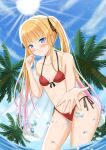  1girl bikini black_ribbon blonde_hair blue_eyes blue_sky breasts cloud cowboy_shot day feixiang_de_wo foreshortening front-tie_top hair_ribbon highres leaning_forward outdoors palm_tree red_bikini ribbon saenai_heroine_no_sodatekata sawamura_spencer_eriri side-tie_bikini sky small_breasts solo string_bikini sun swimsuit tree twintails 