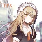  1girl blush chuzz expressionless girls_frontline light_brown_eyes light_brown_hair long_hair ppk_(girls_frontline) puffy_short_sleeves puffy_sleeves short_sleeves solo very_long_hair 