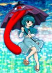  1girl bangs blue_capelet blue_eyes blue_hair blue_skirt blush capelet commentary_request full_body geta heterochromia hexagon highres holding holding_umbrella karakasa_obake long_sleeves looking_to_the_side no_socks open_mouth parasite_oyatsu parody red_eyes shirt short_hair skirt solo style_parody tatara_kogasa tongue touhou umbrella unconnected_marketeers white_shirt zun_(style) 