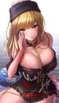  1girl akehi_yuki areola_slip areolae bangs between_breasts black_nails black_shirt blonde_hair breasts brown_eyes chain cleavage closed_mouth clothes_writing earth_(ornament) earth_(planet) eyebrows_visible_through_hair gold_chain gradient gradient_background hand_on_own_cheek hand_on_own_face hecatia_lapislazuli hecatia_lapislazuli_(moon) large_breasts long_hair looking_at_viewer multicolored multicolored_clothes multicolored_skirt off-shoulder_shirt off_shoulder plaid plaid_skirt planet polos_crown shirt short_sleeves sitting skirt smile solo t-shirt touhou 