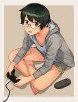  1girl alternate_costume bangs banned_artist barefoot bespectacled black_hair breasts cleavage controller crossed_legs from_above glasses glasses_case green_shorts grey_jacket holding holding_controller hood hooded_jacket hoodie jacket kantai_collection looking_at_viewer makio_(makiomeigenbot) mogami_(kancolle) open_mouth playing_games shirt short_hair shorts signature simple_background sitting small_breasts solo two-tone_background white_shirt 