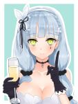  1girl bangs black_choker black_gloves black_ribbon blue_hair braid breasts choker cleavage closed_mouth collarbone cup dress drinking_glass earrings eyebrows_visible_through_hair french_braid girls_frontline glass gloves green_eyes hair_ornament hair_ribbon hairband hairclip hk416_(girls_frontline) holding holding_cup index_finger_raised jewelry long_hair looking_at_viewer medium_breasts necklace ribbon simple_background smile solo wine_glass yu_416416 