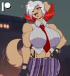  abs absurd_res anthro big_breasts black_lipstick bottomwear breasts canid canine canis clothing domestic_dog female gloves green_eyes handwear hi_res lipstick makeup mammal mastergodai muscular necktie open_mouth pants revy_(mastergodai) smile solo suspenders tongue 