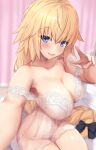  1girl babydoll bangs bare_shoulders black_bow blonde_hair blue_eyes blush bow braid breasts cleavage collarbone covered_navel fate/apocrypha fate_(series) hair_between_eyes hair_bow highres jeanne_d&#039;arc_(fate) jeanne_d&#039;arc_(fate)_(all) large_breasts long_hair looking_at_viewer low-tied_long_hair off_shoulder open_mouth see-through sitting smile solo thighs untue very_long_hair 