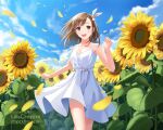  1girl 2020 :d artist_name blue_sky blush breasts brown_hair bunny_hair_ornament cleavage cloud collarbone day dress field floating_hair flower flower_field hair_ornament lilia_creative long_hair looking_at_viewer motion_blur open_mouth original outdoors petals shiny shiny_hair sky sleeveless sleeveless_dress small_breasts smile solo standing sundress sunflower watermark white_dress yellow_flower 