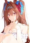  1girl animal_ears bow bracelet breasts brown_hair cleavage collarbone daiwa_scarlet dress hair_between_eyes hair_bow hair_intakes highres hoerutarou horse_ears interlocked_fingers jewelry large_breasts long_hair looking_at_viewer pearl_bracelet red_eyes sidelocks simple_background sitting solo tiara twintails umamusume very_long_hair white_background white_dress 