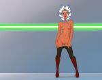  5_fingers ahsoka_tano alien alien_humanoid anaxus areola blue_eyes boots bottomwear breasts clone_wars clothed clothing facial_markings female fingers footwear genitals head_markings hi_res humanoid lekku_(anatomy) looking_at_viewer markings mostly_nude navel nipples orange_body pants pussy solo star_wars togruta topless undressing 