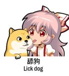  1girl bow chibi chinese_commentary collared_shirt commentary_request dog doge english_commentary eyebrows_visible_through_hair fujiwara_no_mokou hair_between_eyes hair_bow jokanhiyou licking looking_at_another lowres meme red_eyes shiba_inu shirt short_sleeves silver_hair solo suspenders tongue tongue_out touhou translation_request white_background white_shirt 