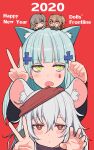  2020 404_(girls_frontline) 4girls animal_ears bandana bangs blue_hair blush brown_hair cat_ears closed_mouth english_text eyebrows_visible_through_hair g11_(girls_frontline) girls_frontline green_eyes grey_hair hair_ornament happy_new_year highres hk416_(girls_frontline) jacket long_hair looking_at_another looking_at_viewer looking_up mouse_ears multiple_girls new_year open_mouth paw_pose purple_scarf red_background red_eyes scarf silver_hair smile ump45_(girls_frontline) ump9_(girls_frontline) yellow_eyes yu_416416 