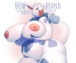  2021 anthro areola big_breasts blue_eyes bovid bovine breasts cattle english_text female genitals hair hi_res holding_breast holstein_friesian_cattle horn huge_breasts inverted_nipples juzztie kerchief kerchief_only lactaid lactaid_cow looking_at_viewer mammal mascot mostly_nude neckerchief neckerchief_only nipples pussy solo text thick_thighs white_hair 
