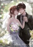  1boy 1girl :d absurdres belt black_belt black_jacket black_neckwear black_pants blurry blurry_background bouquet breasts bridal_veil brown_hair cleavage closed_eyes collarbone collared_shirt couple dress flower grey_vest hetero highres holding holding_bouquet holding_hands husband_and_wife jacket jewelry kudou_shin&#039;ichi long_hair meitantei_conan miyano_shiho necklace necktie open_mouth pants shiny shiny_hair shirt short_hair sleeveless sleeveless_dress small_breasts smile strapless strapless_dress tabayashi tied_hair veil vest wedding_dress white_day white_dress white_flower white_shirt wing_collar 