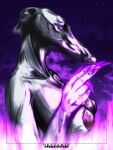 3:4 absurd_res anthro benjamin_ratterman big_breasts borzoi breasts canid canine canis colored_fire domestic_dog exposed_breasts female fire hi_res hunting_dog looking_at_viewer magic magic_user mammal night nipples purple_eyes purple_fire sighthound sky solo 
