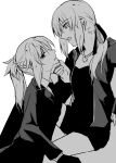  2girls artoria_pendragon_(all) black_jacket black_shirt black_suit chin_grab fate/apocrypha fate/grand_order fate/stay_night fate_(series) formal headband incest jacket jewelry looking_at_another looking_away mordred_(fate) mordred_(fate)_(all) mother_and_daughter multiple_girls necklace open_mouth ponytail saber_alter shirt sooru0720 suit yuri 