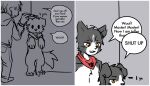  2020 after_transformation anthro black_body black_fur canid canine canis clothed clothing comic domestic_dog duo ear_piercing english_text feral flashback floppy_ears fluffy fur grey_background human inside interrupted male mammal marker multicolored_body multicolored_fur neckerchief piercing sa_no semi-anthro simple_background standing text tongue tongue_out topless two_tone_body two_tone_fur white_body white_fur yellow_eyes 