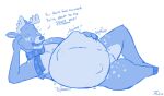  2017 abdominal_bulge after_vore anthro anthro_pred antlers arm_support belly big_belly blue_and_white capreoline cervid dialogue digestion digital_media_(artwork) english_text featureless_crotch hand_on_stomach holding_belly horn lying male male_pred mammal monochrome mostly_nude motion_lines neil_aston on_side open_mouth open_smile oral_vore reclining rumbling_stomach scarf scarf_only simple_background sketch smile soft_vore solo tanio teasing teeth text tongue unseen_character vore white-tailed_deer white_background 