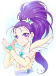  1girl arakawa_tarou border bow closed_mouth cure_egret detached_sleeves earrings frilled_sleeves frills futari_wa_precure_splash_star hair_bow hair_ornament heart heart_earrings heart_hair_ornament high_ponytail highres jewelry long_hair long_sleeves looking_at_viewer precure purple_eyes purple_hair shiny shiny_hair smile solo standing upper_body very_long_hair white_border white_bow yellow_sleeves 