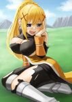  1girl bangs bare_shoulders blonde_hair blue_eyes blue_sky blush bodysuit braid breasts cleavage commentary_request covered_nipples darkness_(konosuba) day grass hair_ornament hairclip hand_up highres izawa_koushi kono_subarashii_sekai_ni_shukufuku_wo! large_breasts large_hands long_hair looking_at_viewer open_mouth outdoors ponytail sitting skindentation sky smile solo torn_bodysuit torn_clothes x_hair_ornament yokozuwari 