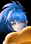  1girl absurdres blue_eyes blue_hair breasts eyelashes from_below highres huge_filesize large_breasts leona_heidern lipstick looking_at_viewer makeup oroo ponytail portrait the_king_of_fighters 