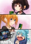  anger_vein aqua_(konosuba) black_sweater blonde_hair blue_eyes blue_hair blue_hoodie blush braid brown_hair commentary_request contemporary crying darkness_(konosuba) face fan folding_fan from_above gradient gradient_background hair_bun hands_clasped hands_up happy highres holding hood hood_down hoodie izawa_koushi kono_subarashii_sekai_ni_shukufuku_wo! long_hair long_sleeves megumin multiple_girls open_mouth own_hands_together pink_background ponytail red_eyes smile sweater translated white_day youtube 