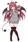  1girl ahoge alternate_costume bat_wings black_legwear demon_tail drawstring full_body gloves grey_hoodie head_wings highres hood hoodie koakuma long_hair looking_at_viewer open_mouth paw_gloves paws red_eyes red_hair simple_background smile solo standing suigetsu_(watermoon-910) tail thighhighs touhou very_long_hair white_background wings 