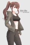  1girl abs brown_hair cargo_pants edzactly high_ponytail highres jacket looking_at_viewer open_clothes open_jacket original pants ponytail red_eyes smile sports_bra 