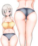  1girl alternate_costume ass blue_eyes breasts commentary_request cowboy_shot grey_shorts groin hair_ornament hair_over_one_eye hairclip hamakaze_(kancolle) highres kantai_collection large_breasts masa_(masa_craft_twi) midriff multiple_views navel orange_tank_top short_hair short_shorts shorts silver_hair simple_background standing tank_top thigh_gap white_background 
