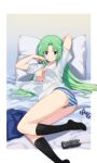  1girl arm_behind_head bangs bed_sheet black_legwear blue_eyes blue_skirt border dress_shirt eyebrows_visible_through_hair green_hair grin gulim hair_between_eyes hair_intakes highres higurashi_no_naku_koro_ni kneehighs long_hair looking_at_viewer lying miniskirt no_bra on_side open_clothes open_shirt outside_border panties pillow pleated_skirt school_uniform shiny shiny_hair shirt short_sleeves skirt skirt_removed smile solo sonozaki_shion striped striped_neckwear striped_panties underwear very_long_hair white_border white_shirt 