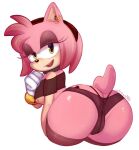  amy_rose anus bent_over breasts butt chisana choker clothed clothing ear_piercing eulipotyphlan female genitals hedgehog jewelry looking_at_viewer makeup mammal necklace nipple_piercing nipple_slip nipples piercing presenting pussy signature simple_background skimpy solo sonic_the_hedgehog_(series) string_panties white_background yellow_eyes 