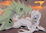  2021 after_sex blue_eyes blush bodily_fluids cum cum_in_pussy cum_inside detailed_background duo female gaping gaping_pussy genital_fluids genitals hi_res lava legendary_pok&eacute;mon male male/female nintendo penis pok&eacute;mon pok&eacute;mon_(species) pussy reshiram sweat tapering_penis tyranitar video_games yamatokuroko965 