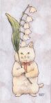  animal animal_focus cat flower highres holding holding_flower leaf lily_of_the_valley mirin_(mirin_4) no_humans original plant ribbon standing traditional_media white_cat white_flower white_fur 