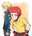  2boys afro black_choker blonde_hair blue_eyes brown_eyes choker closed_mouth collared_shirt commentary_request elite_four flint_(pokemon) gym_leader hands_in_pockets jacket korean_commentary long_sleeves male_focus multiple_boys pants pokemon pokemon_(game) pokemon_dppt red_hair rnehrdyd1212 shirt short_sleeves smile spiked_hair volkner_(pokemon) yellow_shirt 