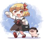  1girl animal animal_ears black_dress black_vest blonde_hair blurry blurry_background blush brown_footwear chibi dress eighth_note hand_up hat holding holding_purse musical_note outdoors petticoat pig pig_tail red_ribbon ribbon rokugou_daisuke rumia shadow simple_background tail touhou vest 