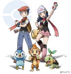  1boy 1girl :d absurdres arm_up armpits artist_name backpack bag beanie black_hair black_legwear boots chimchar commentary_request dawn_(pokemon) duffel_bag eyelashes gen_4_pokemon grey_eyes hair_ornament hairclip hat highres holding holding_poke_ball knees looking_at_viewer lucas_(pokemon) open_mouth over-kneehighs pants piplup poke_ball poke_ball_(basic) poke_ball_symbol pokemon pokemon_(creature) pokemon_(game) pokemon_dppt scarf shoes short_hair short_sleeves sleeveless smile standing starter_pokemon_trio teru_zeta thighhighs tongue turtwig white_headwear yellow_bag zipper_pull_tab 