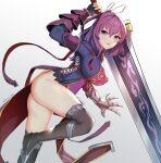  1girl absurdres ass bare_hips boots breasts chinese_clothes covered_nipples eiyuu_densetsu gauntlets highres large_breasts medium_hair nassss open_mouth pelvic_curtain purple_eyes purple_hair rixia_mao signature slit sword thigh_boots thighhighs weapon 