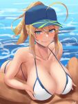  1boy 1girl ahoge artoria_pendragon_(all) aya_(user_ddya7452) bangs bare_shoulders bikini blonde_hair blue_eyes blush breast_hold breasts cleavage fate/grand_order fate_(series) hair_between_eyes hair_through_headwear highres huge_breasts looking_at_viewer lying mysterious_heroine_x_(fate) nude on_back out_of_frame paizuri partially_submerged sidelocks smile swimsuit water 