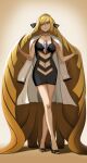  1girl absurdres blonde_hair breasts cleavage cosplay cynthia_(pokemon) elesa_(pokemon) full_body fusion grey_eyes gym_leader hair_ornament high_heels highres jacket jacket_on_shoulders long_hair long_legs lusamine_(pokemon) simple_background solo very_long_hair vivivoovoo 