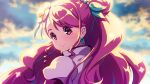  1girl backlighting bangs blurry blurry_background cloud cure_grace day earrings eyebrows_visible_through_hair floating_hair from_behind hair_between_eyes healin&#039;_good_precure highres jewelry long_hair looking_at_viewer looking_back pink_hair portrait precure red_eyes sayousuke shiny shiny_hair solo 