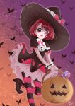  1girl :d bangs basket black_dress black_headwear bow bug butterfly dress eyebrows_visible_through_hair gradient gradient_background halloween halloween_bucket halloween_costume hanadera_nodoka hat hat_bow healin&#039;_good_precure highres holding holding_basket insect layered_dress leg_up looking_at_viewer open_mouth orange_background pantyhose pink_neckwear precure puchinyan2 purple_background red_bow red_eyes red_hair shiny shiny_hair short_hair short_sleeves smile solo standing standing_on_one_leg striped striped_legwear witch_hat 