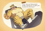  2021 abs animal_crossing anthro big_muscles border bulge clothing dialogue english_text exercise felid footwear hi_res jockstrap leg_press looking_at_viewer male mammal muscular muscular_anthro muscular_male navel nintendo nipples pantherine pecs pubes shoes solo talking_to_viewer text thepurp thick_thighs tiger tybalt_(animal_crossing) underwear video_games weightlifting weights workout yellow_border 