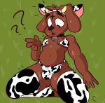  2021 absurd_res animal_humanoid anthro belly bulge canid canid_humanoid canine canine_humanoid canis chubby_male clothed clothing cow_outfit digital_media_(artwork) dog_humanoid domestic_dog eljelicsnsfw eyebrows hi_res humanoid kneeling legwear male male/male mammal mammal_humanoid navel open_mouth simple_background slightly_chubby solo surprised_expression thick_eyebrows thick_thighs thigh_highs wide_hips 