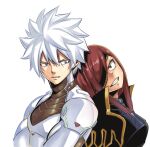  1boy 1girl back-to-back bangs blue_eyes brown_eyes clenched_teeth eden&#039;s_zero elsie_crimson eyepatch grin justice_(eden&#039;s_zero) long_hair mashima_hiro official_art red_hair shiny shiny_hair silver_hair simple_background smile spiked_hair swept_bangs teeth upper_body white_background 