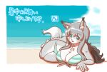  2017 anthro beach big_breasts bikini blue_eyes blush border breasts canid canine canis chest_tuft cleavage clothed clothing female fur grey_body grey_fur grey_hair hair japanese_text kemono kin-shun looking_at_viewer lying mammal on_front open_mouth open_smile pattern_bikini pattern_clothing pattern_swimwear seaside sky smile solo striped_bikini striped_clothing striped_swimwear stripes summer swimwear text translation_request tuft white_border wolf 