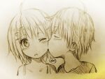  1boy 1girl ahoge cheek_kiss child closed_eyes face graphite_(medium) greyscale hair_ornament hairclip kiss monochrome one_eye_closed original short_hair tatsuya206118 traditional_media 