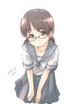  1girl artist_name bangs bespectacled blue_sailor_collar blue_skirt brown_eyes brown_hair cowboy_shot dated fyuo glasses highres kantai_collection low_twintails one-hour_drawing_challenge parted_bangs pleated_skirt sailor_collar school_uniform serafuku shirayuki_(kancolle) short_hair short_twintails simple_background skirt solo twintails white_background 