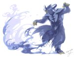  claws closed_mouth commentary_request dated gen_8_pokemon grey_fur legendary_pokemon pokemon pokemon_(creature) signature simple_background smoke solo standing standing_on_one_leg urshifu urshifu_(rapid) white_background yu_ikedon 
