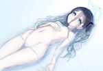  1girl arisu_(blue_archive) bikini blue_archive blue_eyes breasts commentary_request dark_blue_hair groin hair_between_eyes halo highres long_hair lying micro_bikini navel shi0n_krbn simple_background small_breasts solo swimsuit water white_background 