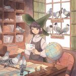  1girl bangs bird brown_hair dove dress green_eyes green_headwear hat heikala highres letter nest pigeon pinafore_dress post_office short_hair straight_hair traditional_media watercolor_(medium) witch witch_hat 