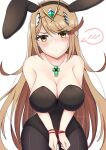  1girl absurdres animal_ears bangs bare_arms bare_shoulders blonde_hair blush breasts bunny_ears cleavage earrings head highres jewelry large_breasts leotard long_hair mythra_(xenoblade) nassss necklace pantyhose playboy_bunny strapless strapless_leotard swept_bangs tiara very_long_hair xenoblade_chronicles_(series) xenoblade_chronicles_2 yellow_eyes 