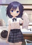  1girl :o bangs bathroom black_skirt blue_eyes blue_hair blush bow bowtie breasts buttons child collared_shirt commentary_request eyebrows_visible_through_hair fuiba_fuyu gochuumon_wa_usagi_desu_ka? hair_ornament hairclip highres holding indoors looking_at_viewer medium_hair plaid plaid_bow plaid_neckwear plaid_skirt pleated_skirt shelf shiny shiny_hair shirt shirt_tucked_in short_sleeves sink skirt small_breasts solo taku_michi towel washing_machine wet wet_clothes wet_hair white_shirt white_towel 